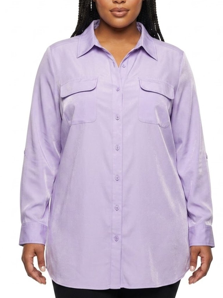 Denim & Co Pastel Goth Utility Blouse Lavender Button Up Flap Pocket Shirt 2x